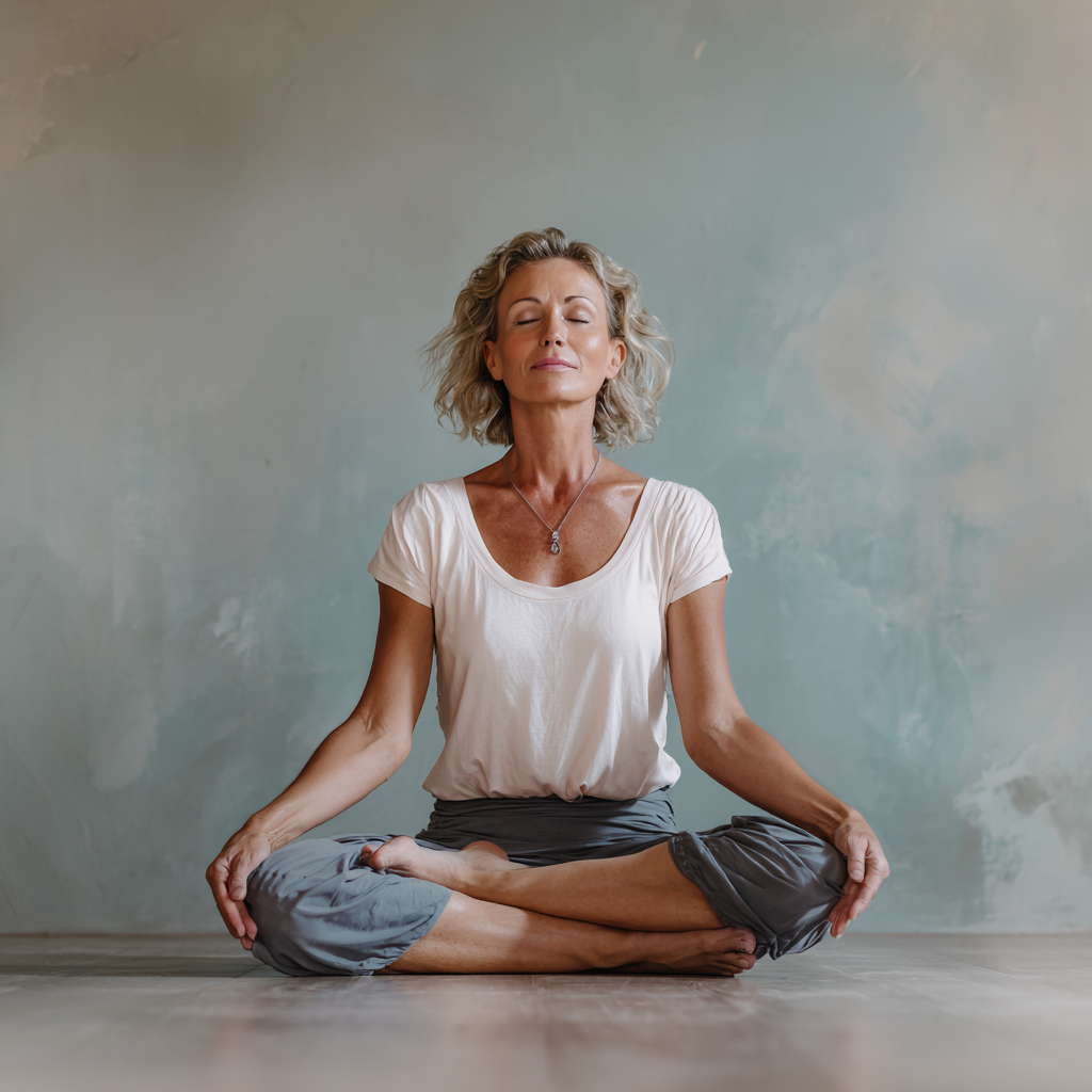 Peaceful middle-aged Ukrainian woman in comfortable yoga pose outdoors, surrounded by nature, demonstrating flexibility and inner calm with a gentle smile